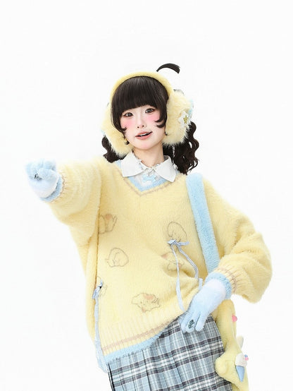 with Pattern Kawaii Dog V-neck Daily Clips Bow-shaped Yellow/Blue Sweater