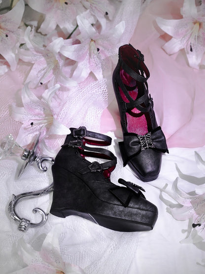Matte Black Gothic Lolita 10cm Slope Heel Shoes with Butterfly Bow Accent - sphenoid