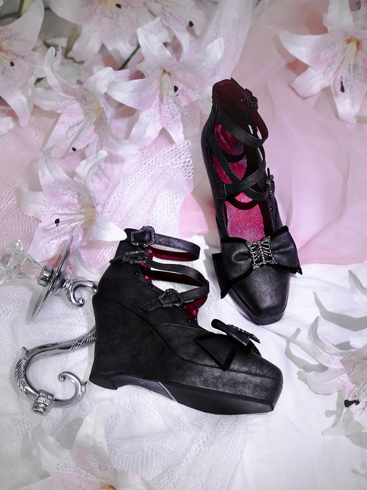 Matte Black Gothic Lolita 10cm Slope Heel Shoes with Butterfly Bow Accent - sphenoid