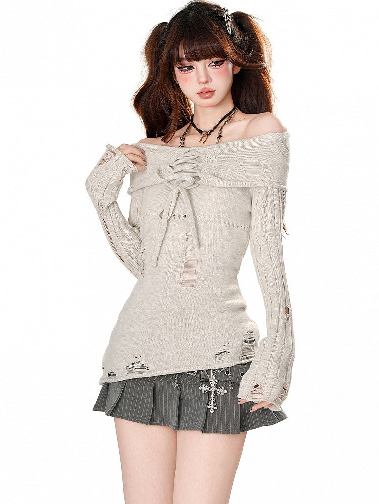 Light Grey/Dark Grey Lace-up Detail Distressed Off-Shoulder Knit Top
