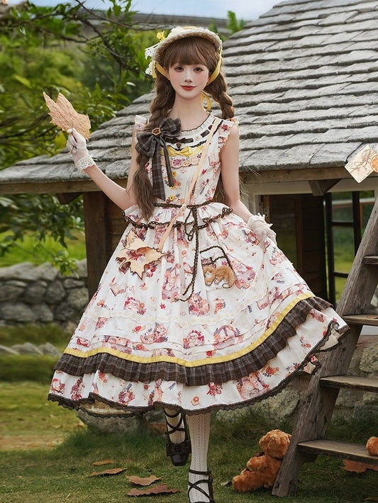 Sweet Lolita Jumper Dress with Cat and Maple Print, Ruffle Trim, and Bows - Lineall Cat