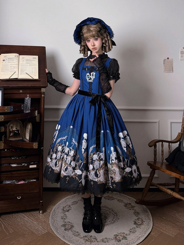Blue Square Neck Skeleton Cross Gothic JSK Dress - NnSTAR