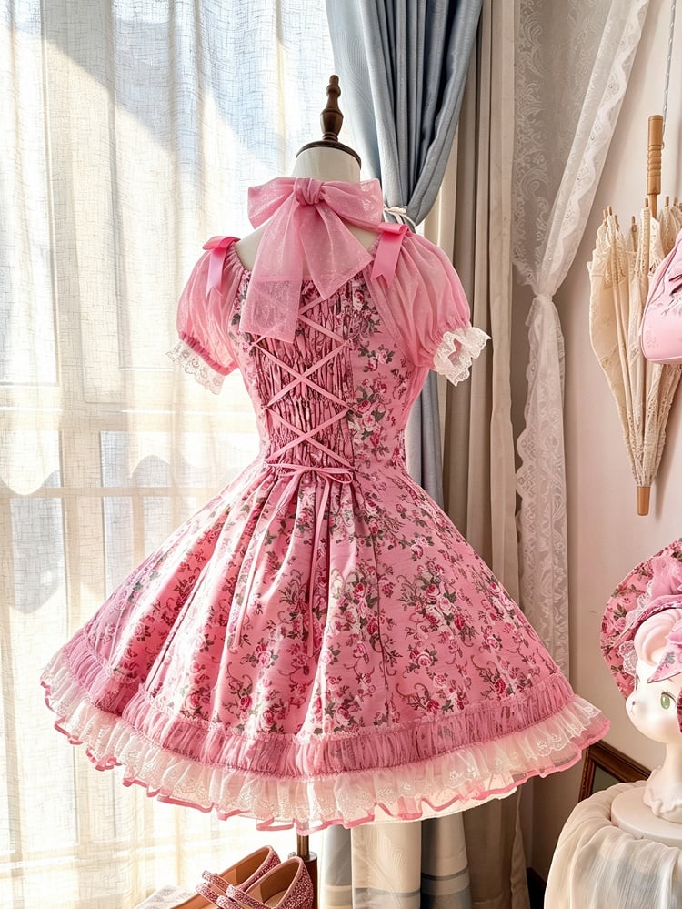 Pink Old School Lolita Floral Print OP Dress with Halter Straps - Asuka