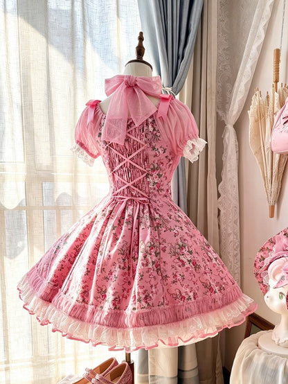 Pink Old School Lolita Floral Print OP Dress with Halter Straps - Asuka