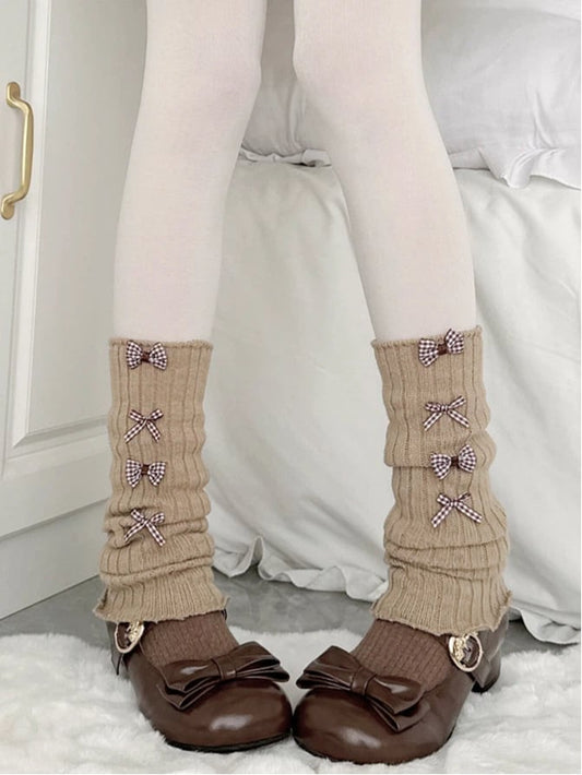 ZUO BIAN Brown Ribbed Leg Warmers with Plaid Bow Accents