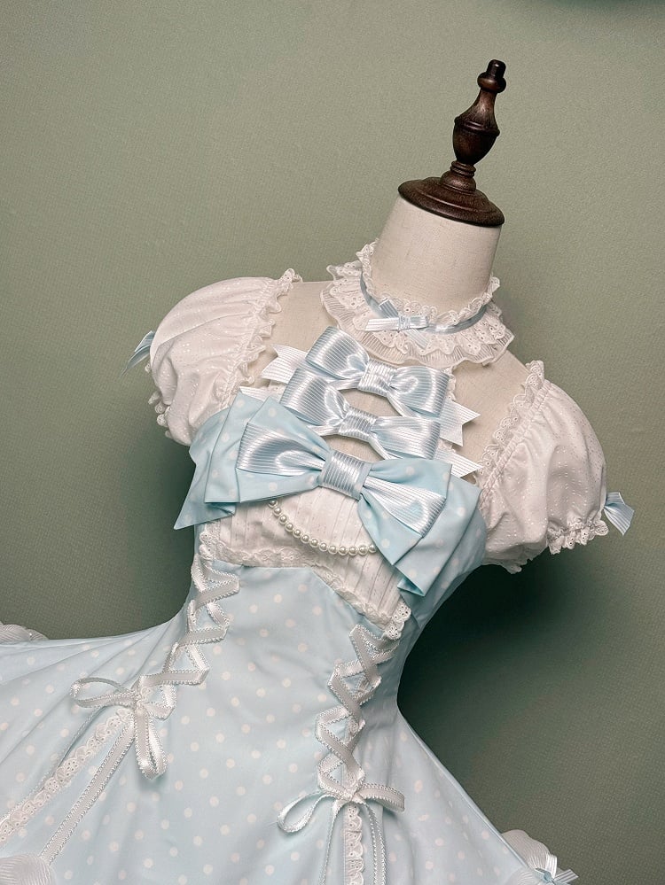 Dot Blue Lolita Neck Old Halter School Sleeves Versatile Dress Polka with Puff