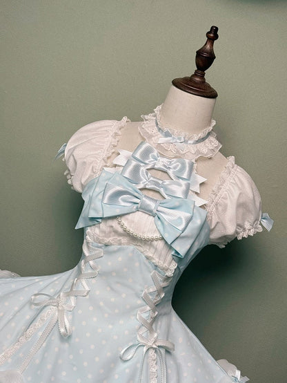 Dot Blue Lolita Neck Old Halter School Sleeves Versatile Dress Polka with Puff