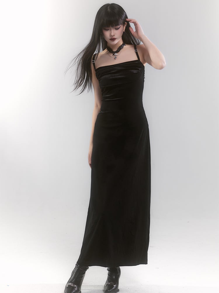 Black Velvet Side Slit Slip Dress
