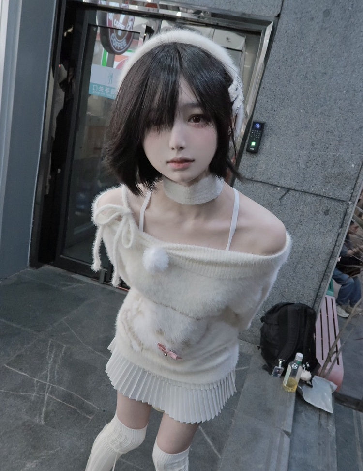 with Plush Pink Sweater Bow Off-Shoulder Beige Kawaii Puppy Details Bell