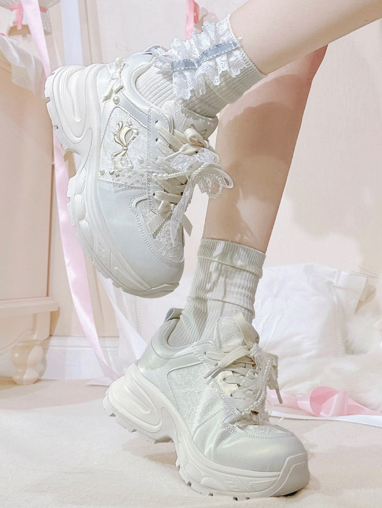 Bowknot Details Lace-up Front Ties White Beaded Decorated Sneakers