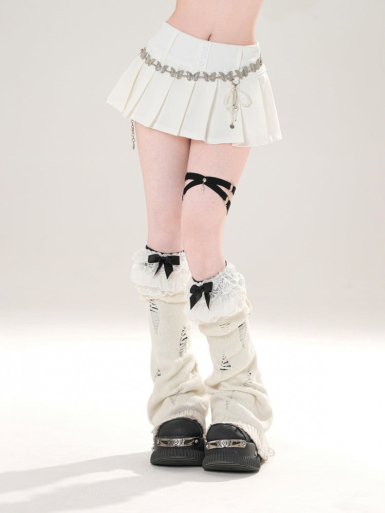 Skirt Black/White with Design Front Button - Pleated Placket Mini Slimming