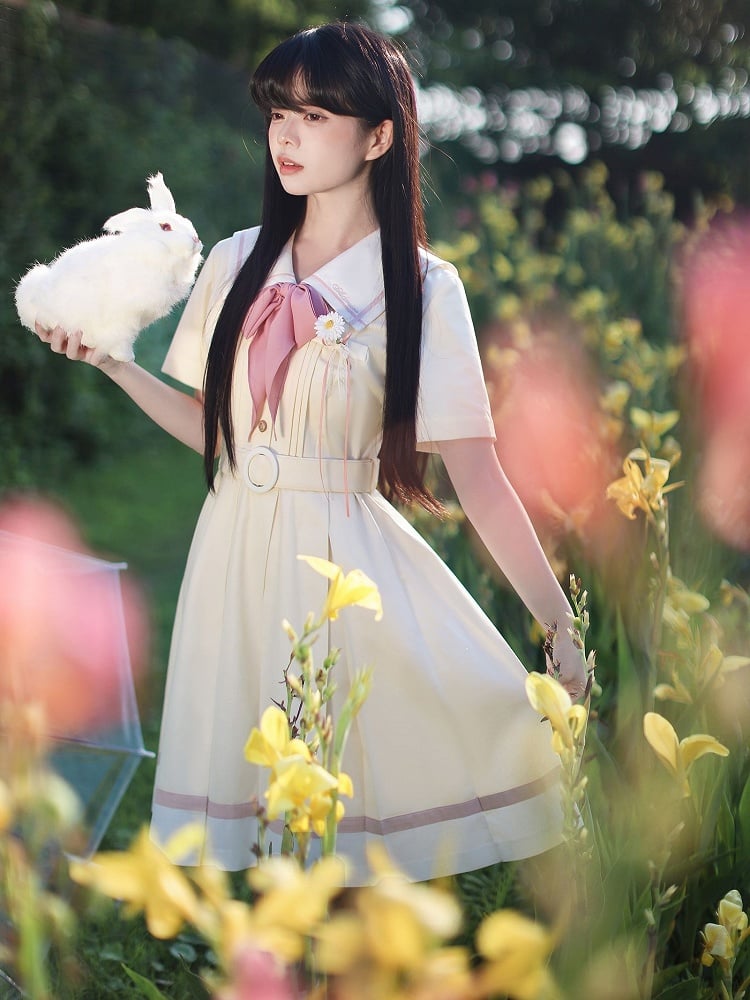 mit Faltenkasten Matrosengelb Milch Taille Kleid Rock Kragen Gürtel