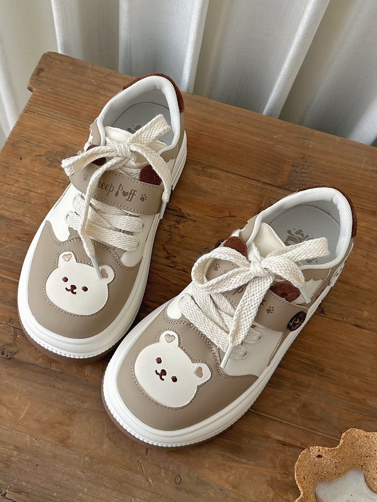 Lolita - Bear with Velcro Detachable Platform Sweet Theme Sneakers Paw Prints Brown