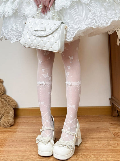 Two-Option White Sheer Lolita Tights with Bow Accents - Fat Bear Story