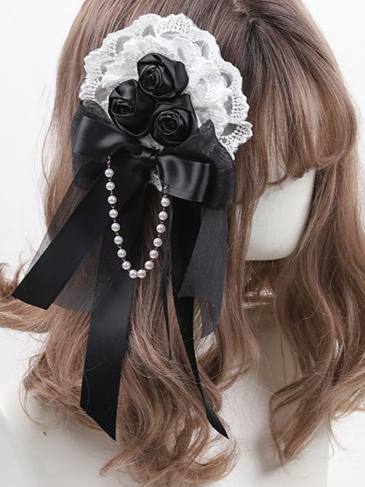 Lace Black Hairclip/Brooch Bowknot Lolita White Rose