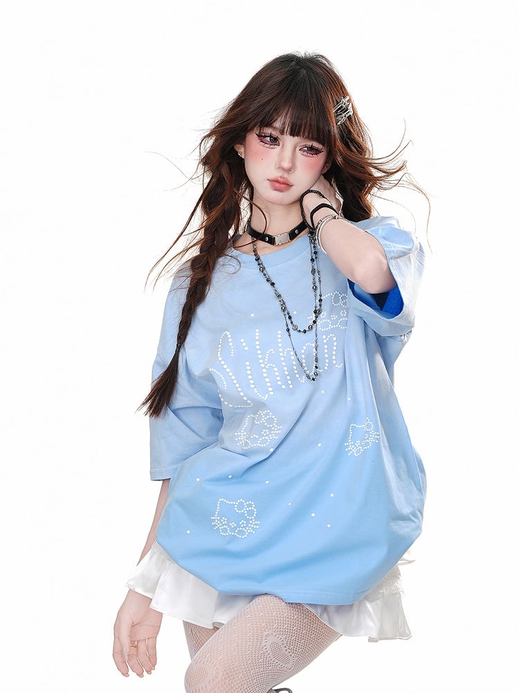 ブルー/ローズレッド ラウンドネック キティ ラインストーン ルーズTシャツ