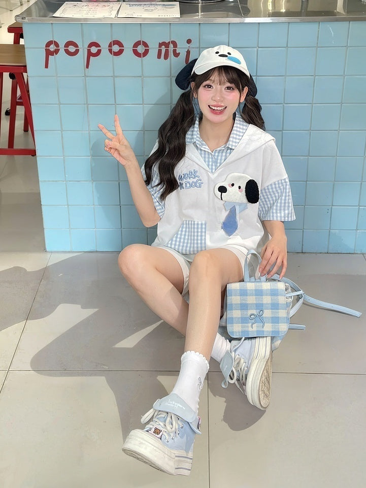 子犬の耳のデザインフード柄の2ピースホワイト＆子犬フェイクTシャツブルーチェック柄