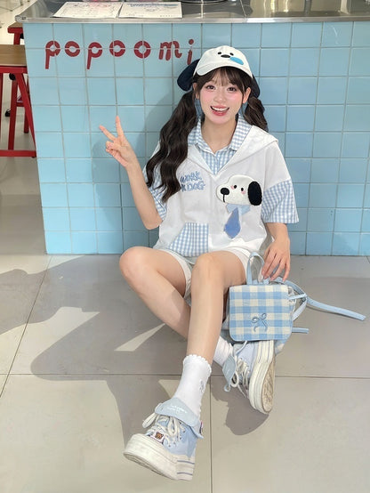 子犬の耳のデザインフード柄の2ピースホワイト＆子犬フェイクTシャツブルーチェック柄