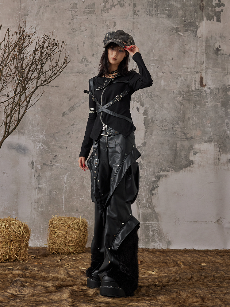 Studded Punk with Pants Black Wide-Leg PU Faux Rock Fur Accents