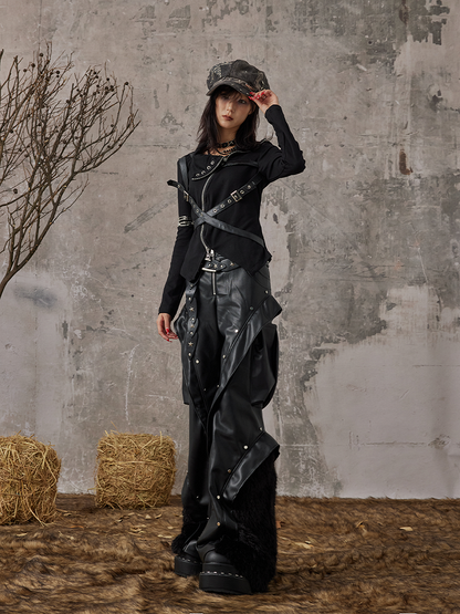 Studded Punk with Pants Black Wide-Leg PU Faux Rock Fur Accents