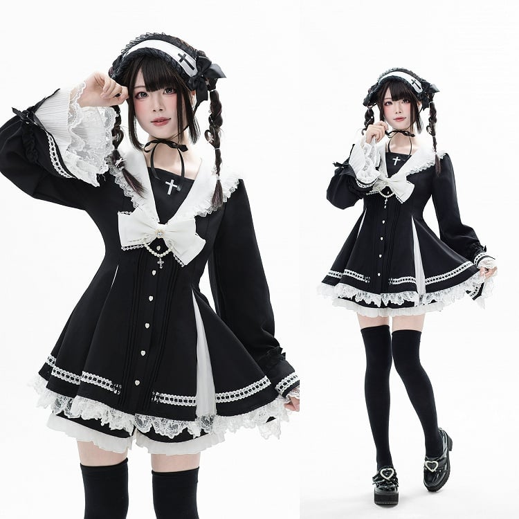 White - Shorts Gothic Black Landmine in Sailor Sleeve Lace-Threaded Bell Set Top Matching Style
