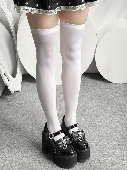 Over-knee Ribbed Kei Black/White Jirai Trim Stockings with