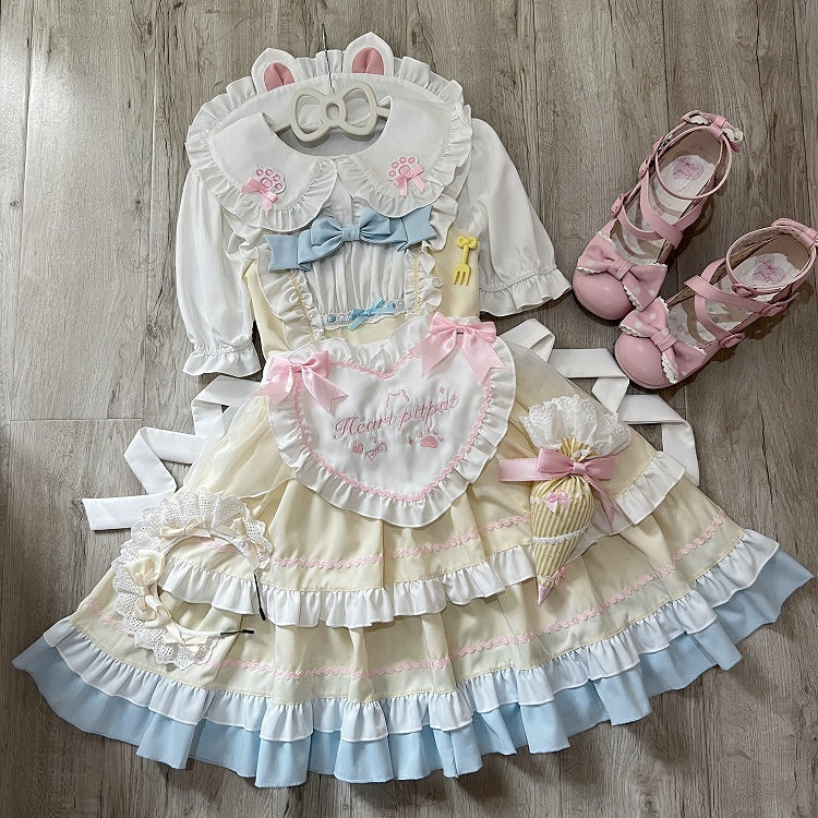 Yellow JSK Ruffle Bow Apron Maid Lolita + Dress Adorable Heart