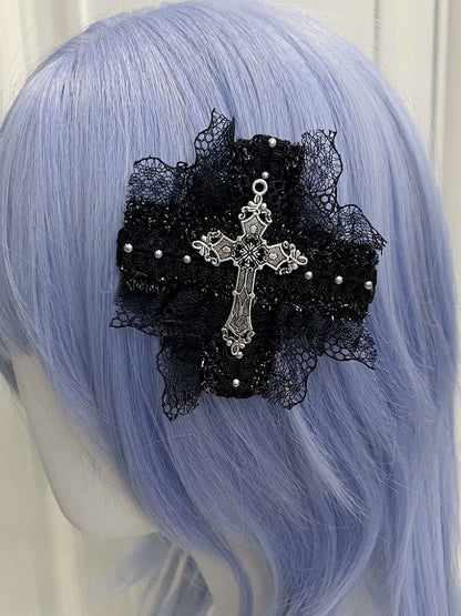 Dual Color Gothic Cross Hairclip with Lace - Magic Diary