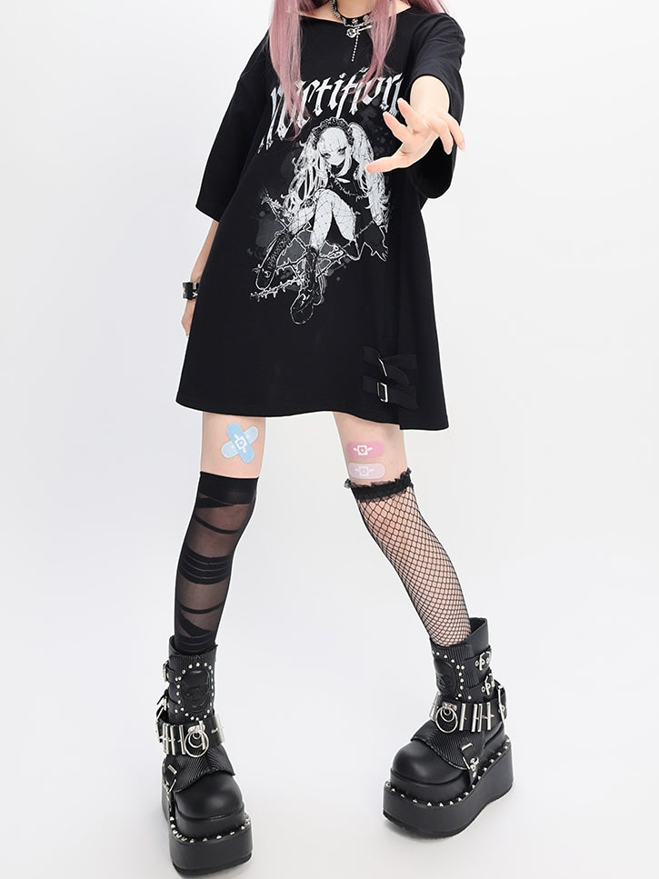 Y2K ブラック スナップディテール ネックライン アニメプリント ガール ルーズTシャツ