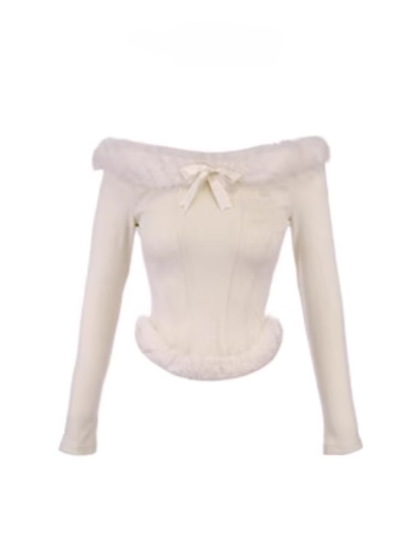 Creamy Off-Shoulder Knit Top With Faux Fur  Charming Bow Accent White
