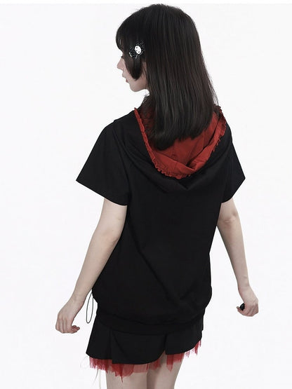 Cute Black Hooded Crop Top with Red Strappy Tube Undergarment Set