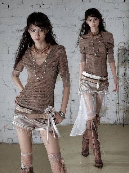 Pink-Brown Star V-Neck Knit Top with Hollow Out - NO ROMANCE