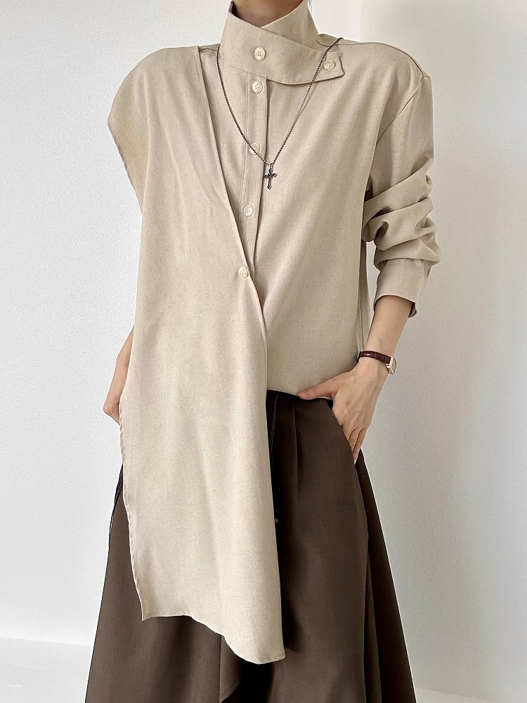 Button Sleeve Long Extended Stand with Shirt Unisex Collar Khaki