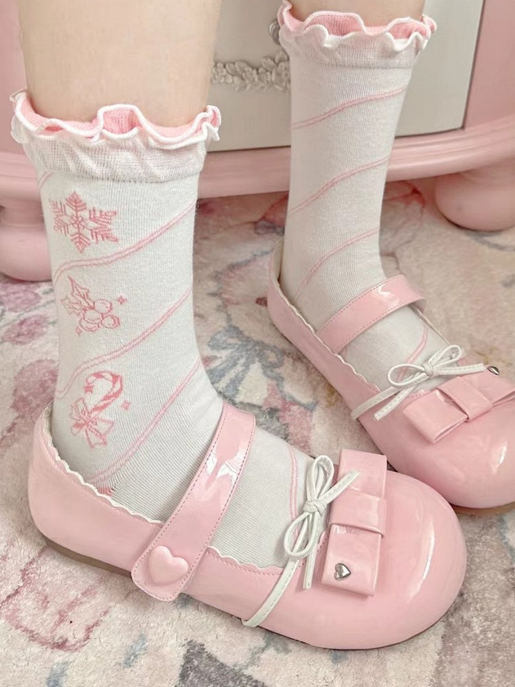 Socks Sweet Christmas Print Pink Snowflake Lolita Calf