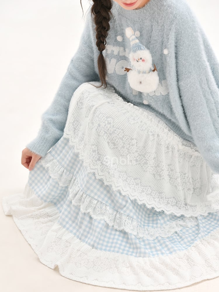 Blau-weißer Mori Kei-Rock mit hoher Taille und Patchwork-Karomuster