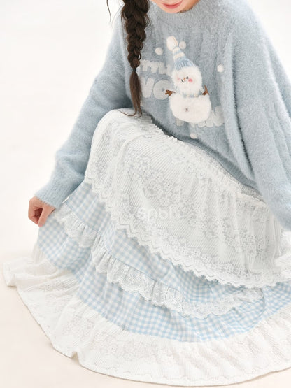 Blau-weißer Mori Kei-Rock mit hoher Taille und Patchwork-Karomuster