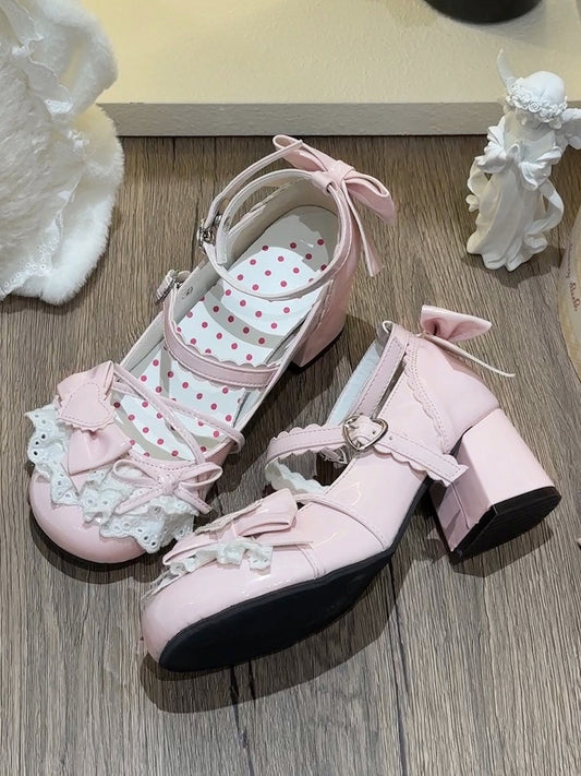 Jane Block Mid Lolita Pink Straps Heel Crisscross in Sweet - Shoes Mary