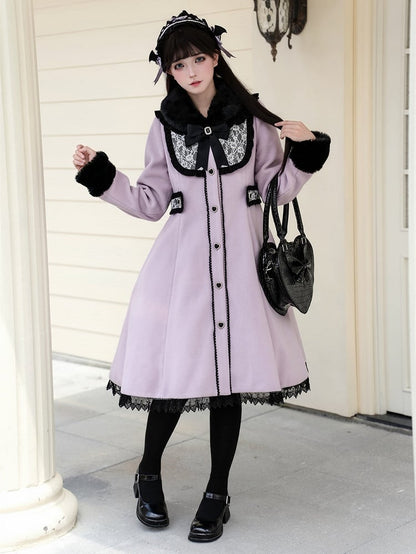 Jirai Black Purple Kei Style Vintage - Waist-Defining Coat with Collar Plush