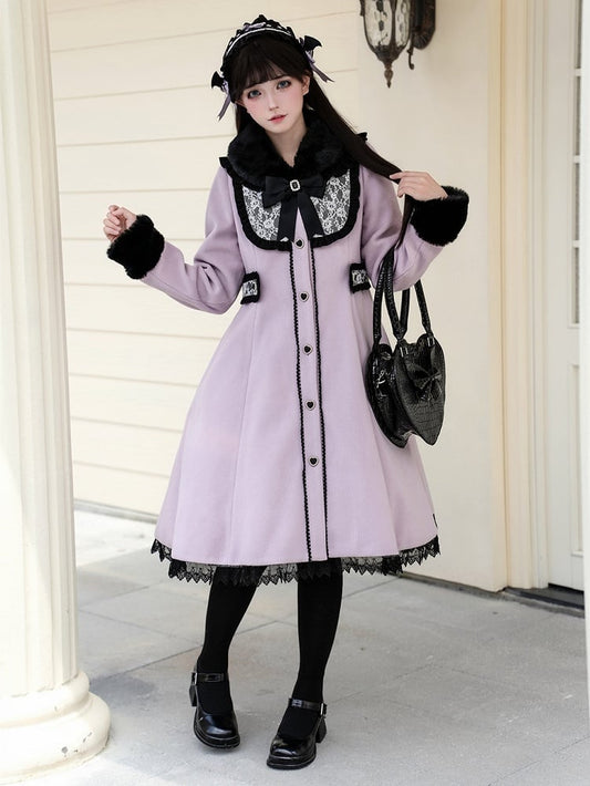 Jirai Black Purple Kei Style Vintage - Waist-Defining Coat with Collar Plush