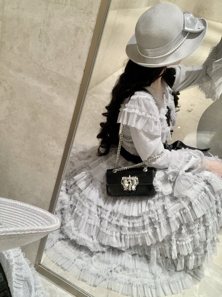 Elegant Bell Blouse Vest Belt Dotted + Sleeves Mesh Lolita Multi-layered Cotton Set Classic Waist - Skirt Tulle Gray
