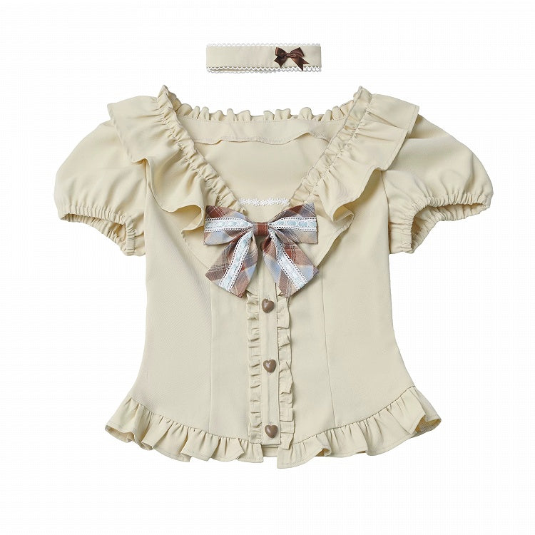 Sweet Kawaii Yellow Puff Sleeve Waist-Cinching Blouse with Ruffles, Bow, and Choker Set - PINK SAVIOR