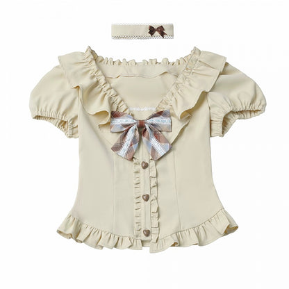 Sweet Kawaii Yellow Puff Sleeve Waist-Cinching Blouse with Ruffles, Bow, and Choker Set - PINK SAVIOR