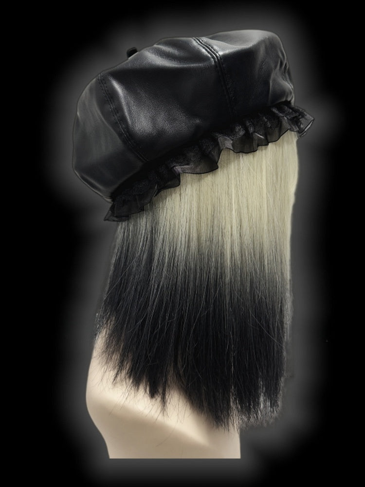 Schwarze Baskenmütze aus PU im Y2K-Stil mit Spitzenbesatz