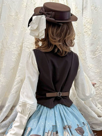 Brown Lapel Collar Coffee Cup Embroidery Striped Elegant Waistcoat - Dream Whale