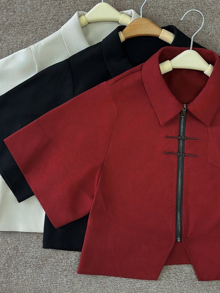 Chinese Red Short Sleeve Cotton Top Metal Frog Fastener