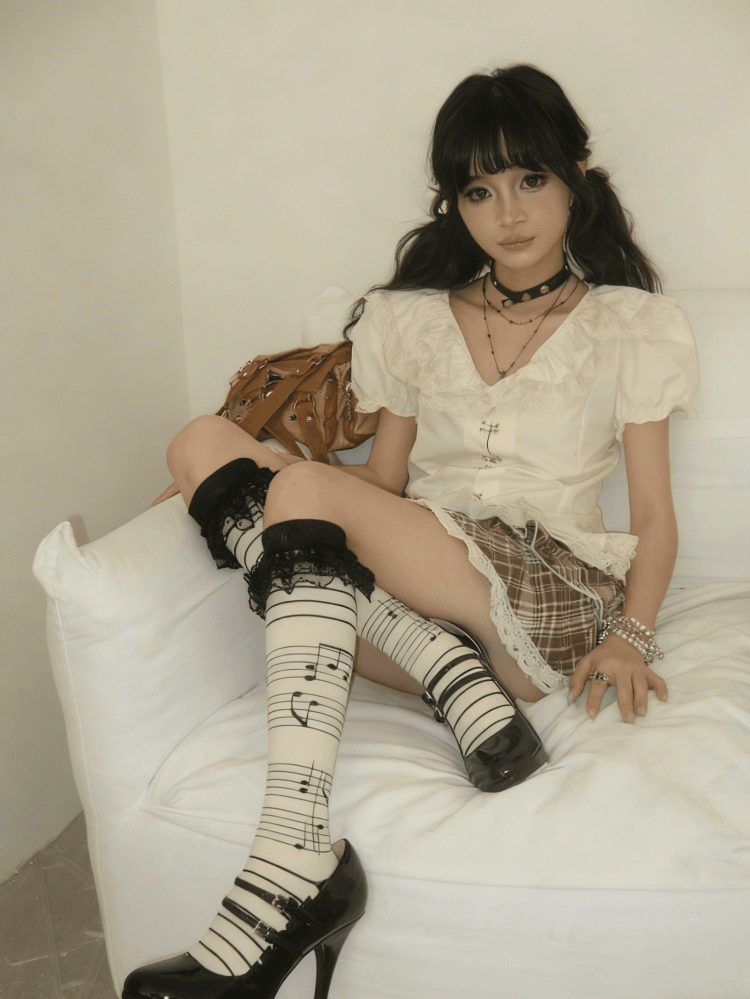 Stockings Trim Lace Print Musical Notes