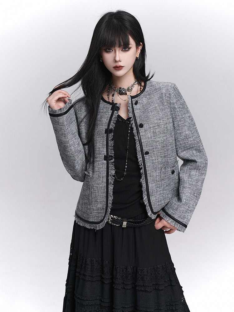 Structured Trim Gray Raw PU Fall Edges Black Crop Jacket with