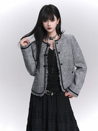 Structured Trim Gray Raw PU Fall Edges Black Crop Jacket with