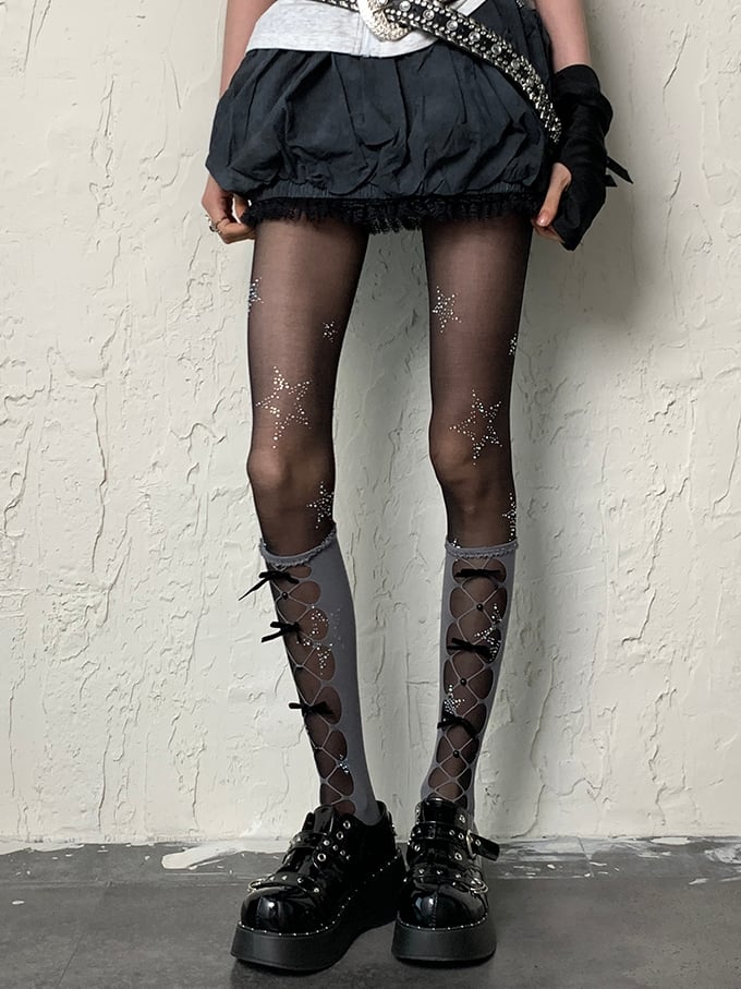 Y2K Underknee Gray Stockings Cut-out Design Details Bowknot