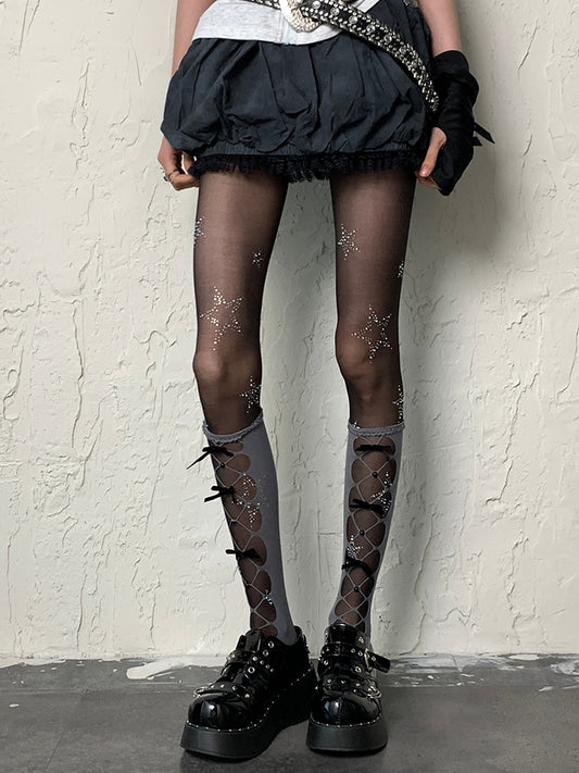 詳細 グレーの蝶結びY2Kアンダーニーストッキングデザインカットアウト